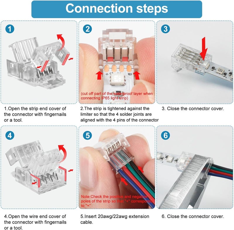 RGBZONE 25Pcs 4 Pin 8mm LED Strip Connectors Gapless Solderless LED Strip to Wire Quick Connection for 8mm Wide 5050/3528 SMD RGB LED Strip Light - Image 5